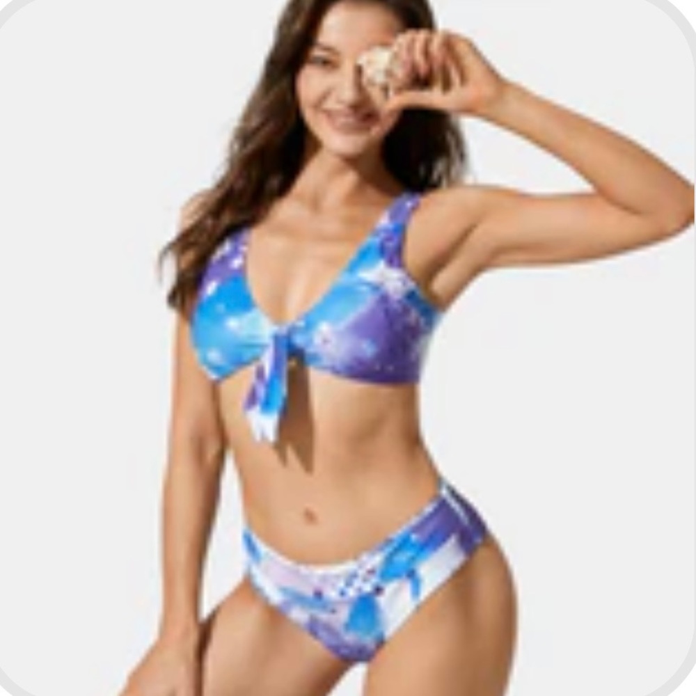 Halara Watercolour Print Lace Up Bikini Top Purple Blue NWT XL